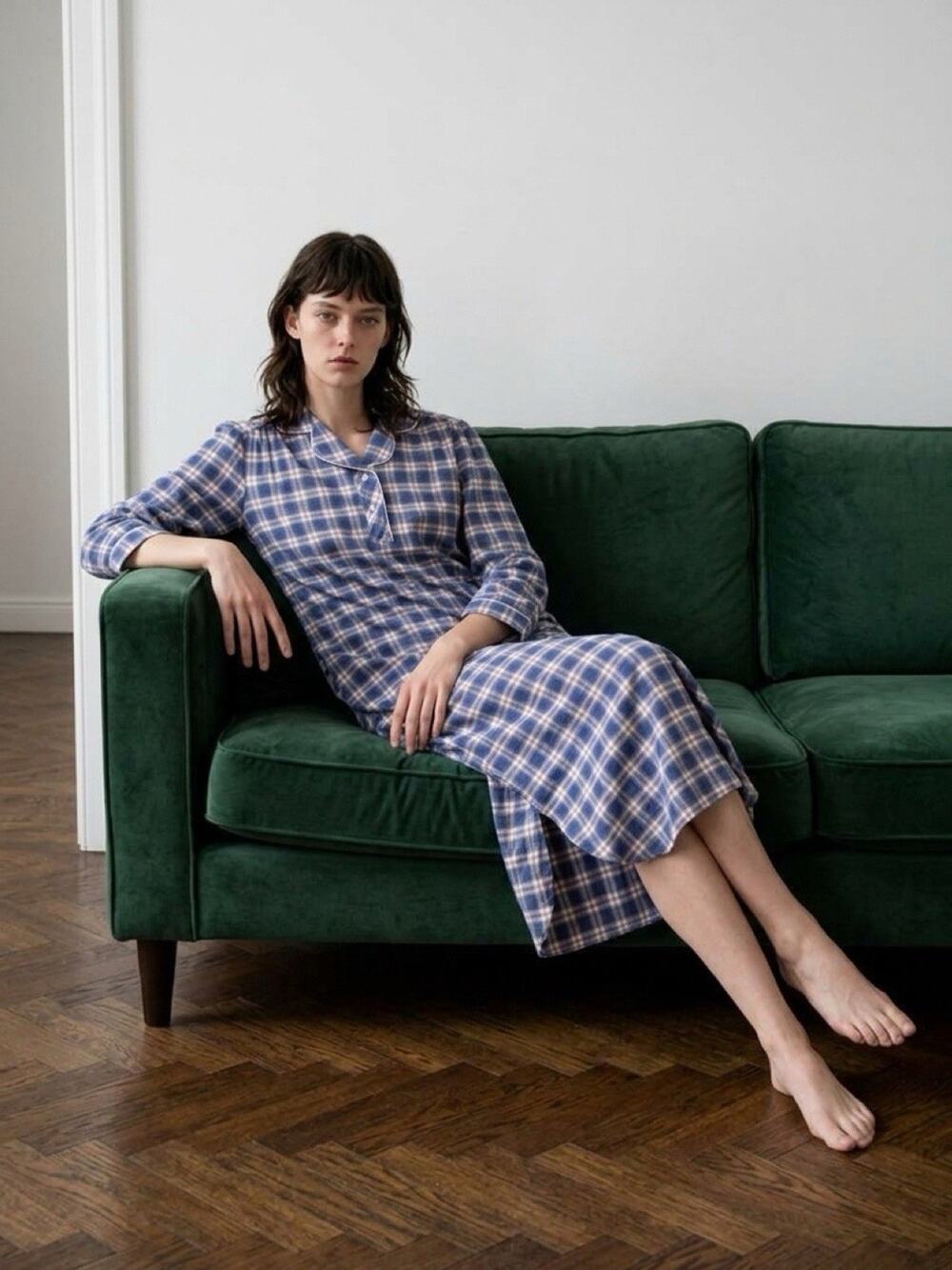 Vintage 80s Sears Cotton Long Nightgown House Dress Plaid Collar Women M
